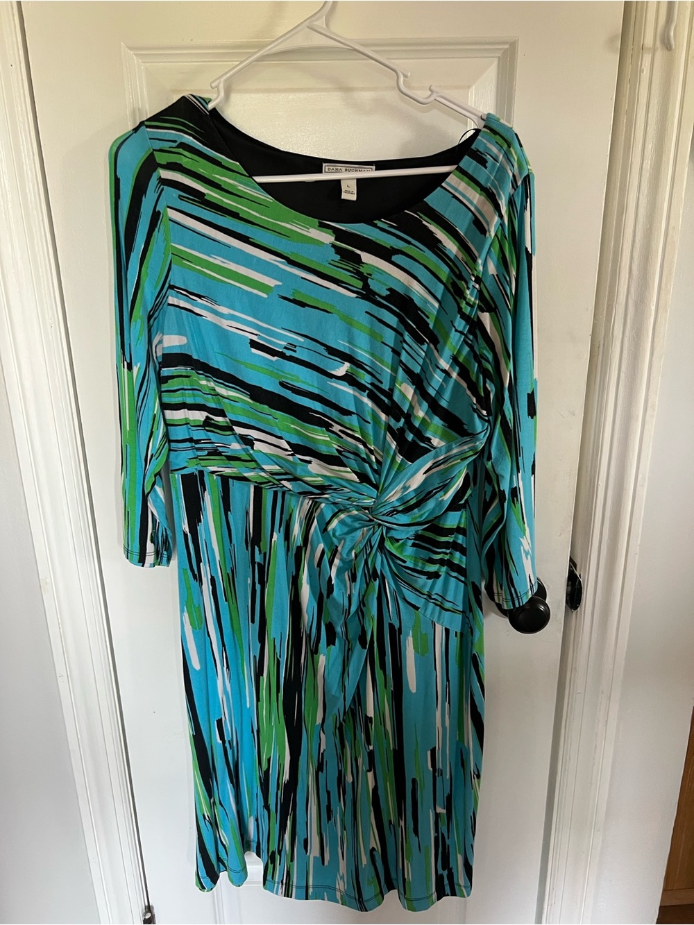 Dana Buchman Blue & Green Abstract Twist-Front Long Sleeve Dress